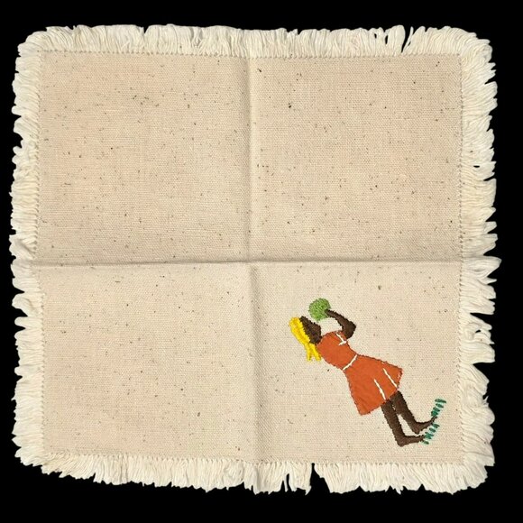 6 Vintage Caribbean Jamaican Napkins Embroidered Woman Man Basket Bananas Fringe - Picture 5 of 15
